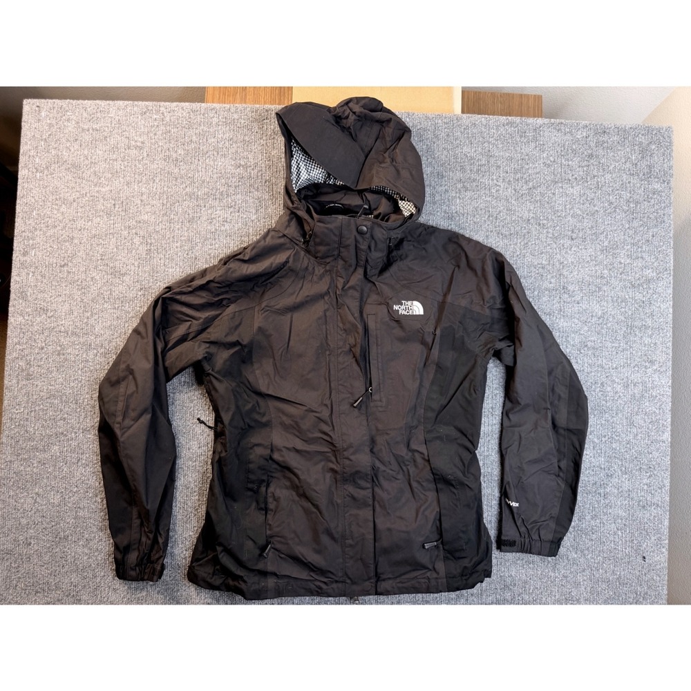 The North Face HyVent Jacket Womens Large Black Gingham Lined Hooded Rain Coat L